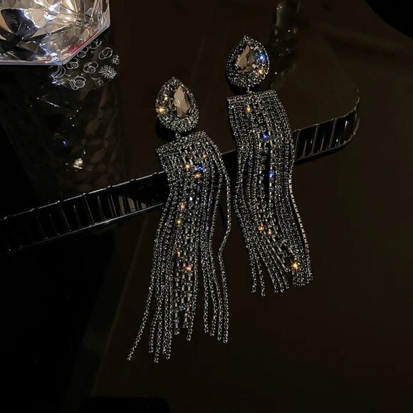 3/$35 Vintage Shimmering Black Long Full Rhinestone Tassel Drop Earrings - Picture 3 of 5